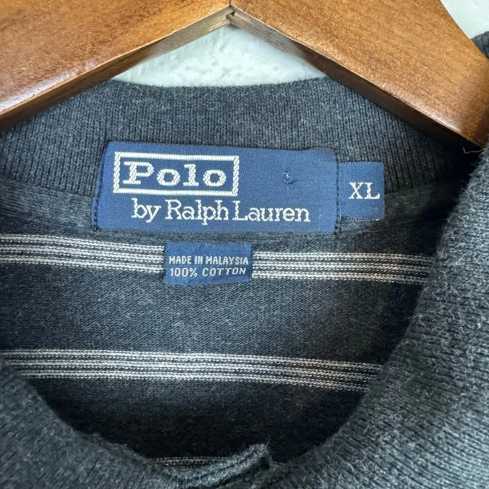 Polo by Ralph Lauren Men's Charcoal Gray Stripe Long Sleeve Polo Collared Shirt